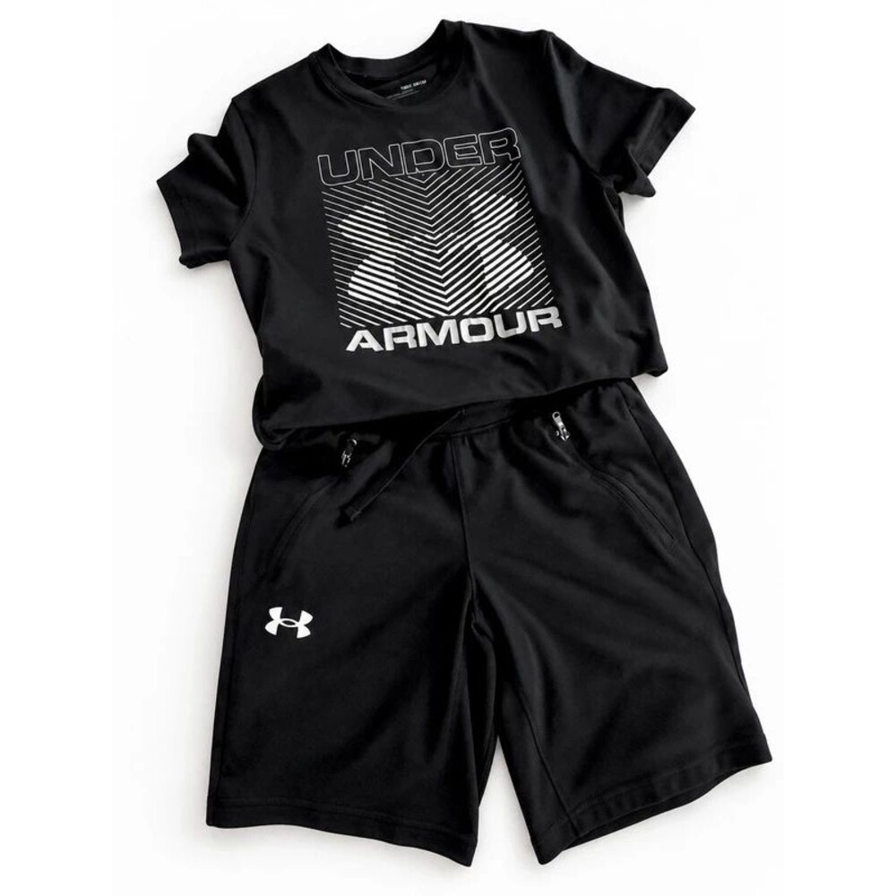Under Armour Boys Youth Medium HeatGear Shirt Shorts Athletic Set Black